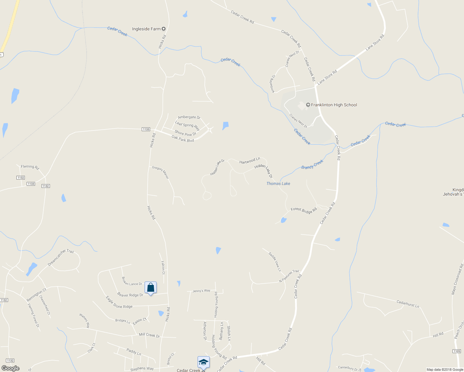 map of restaurants, bars, coffee shops, grocery stores, and more near Park Meadow Lane in Youngsville