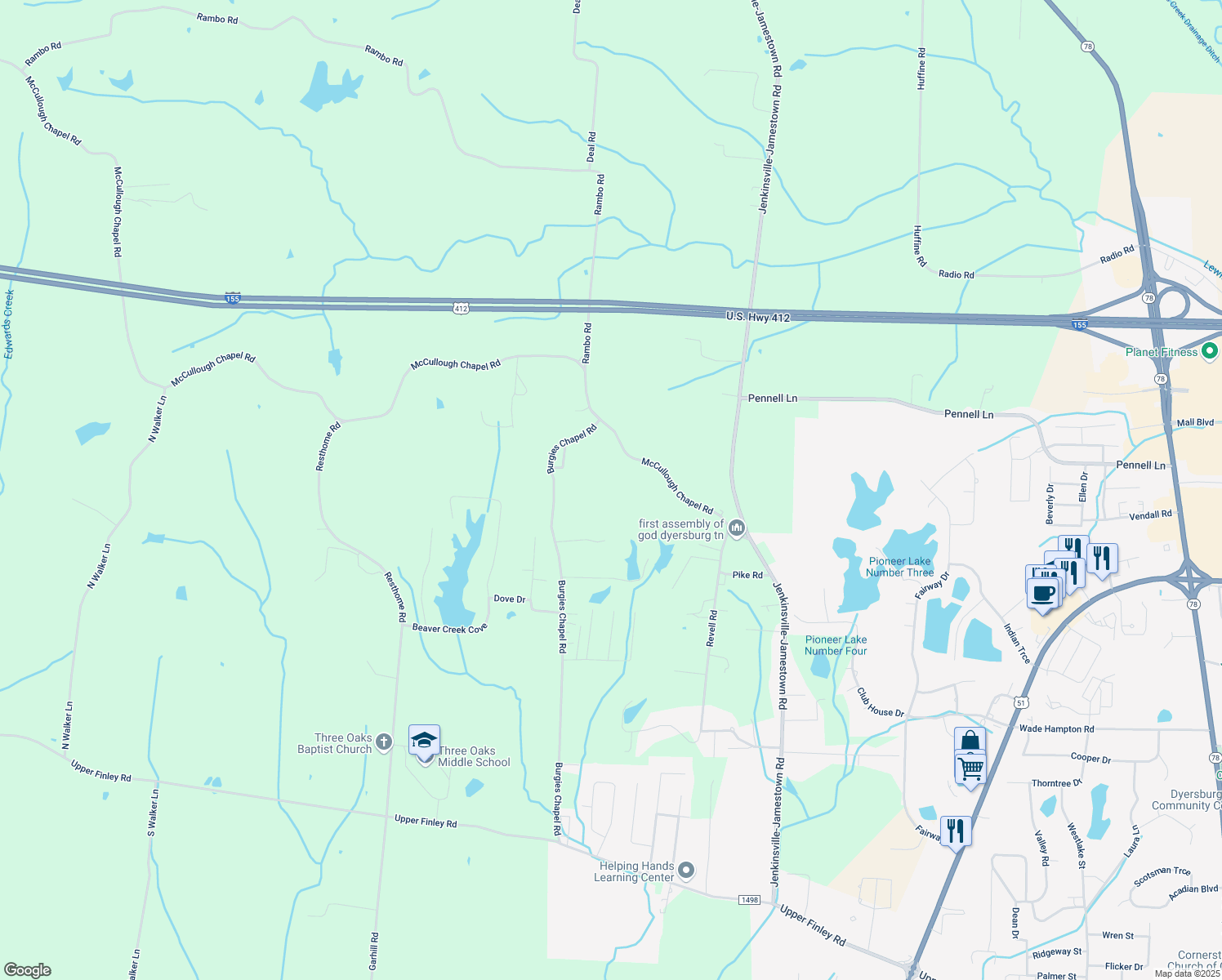 map of restaurants, bars, coffee shops, grocery stores, and more near 401 McCullough Chapel Road in Dyersburg