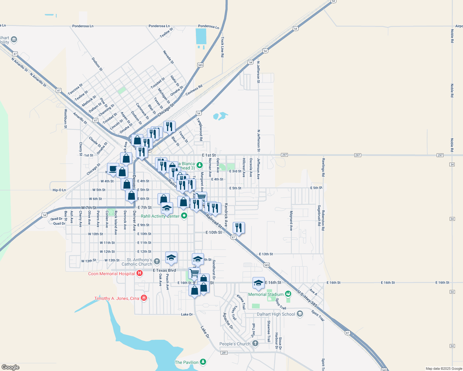 map of restaurants, bars, coffee shops, grocery stores, and more near 1313 East 5th Street in Dalhart