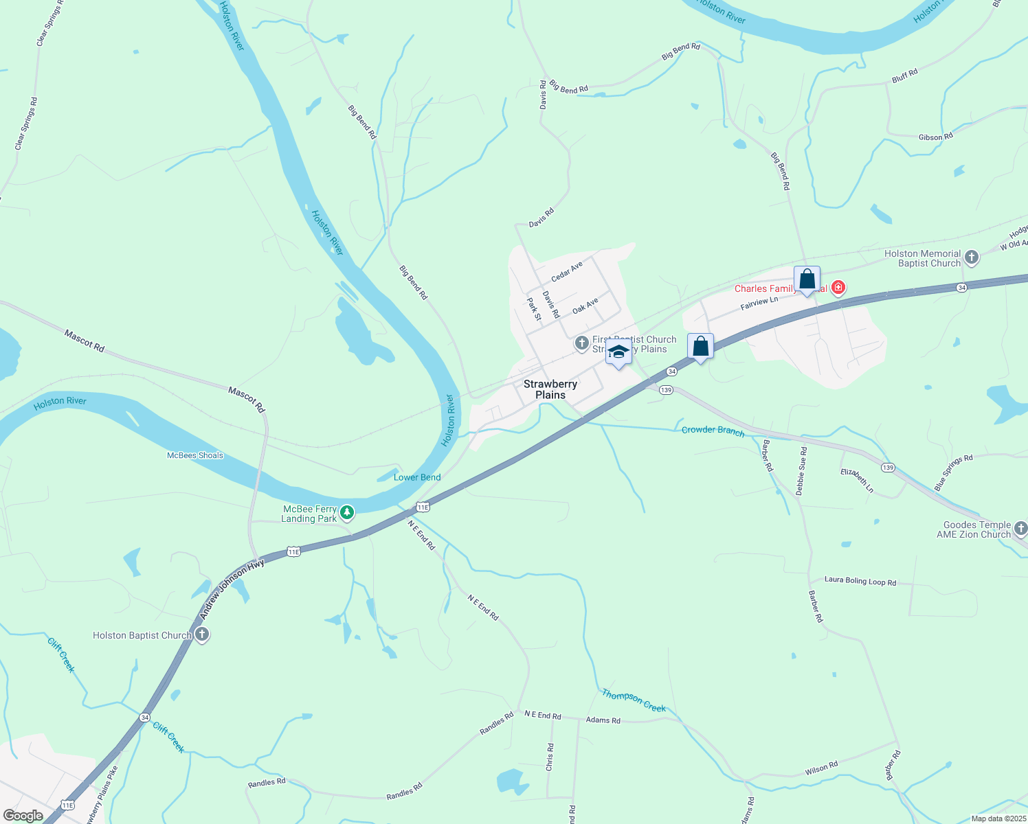 map of restaurants, bars, coffee shops, grocery stores, and more near 3191 West Old Andrew Johnson Highway in Strawberry Plains