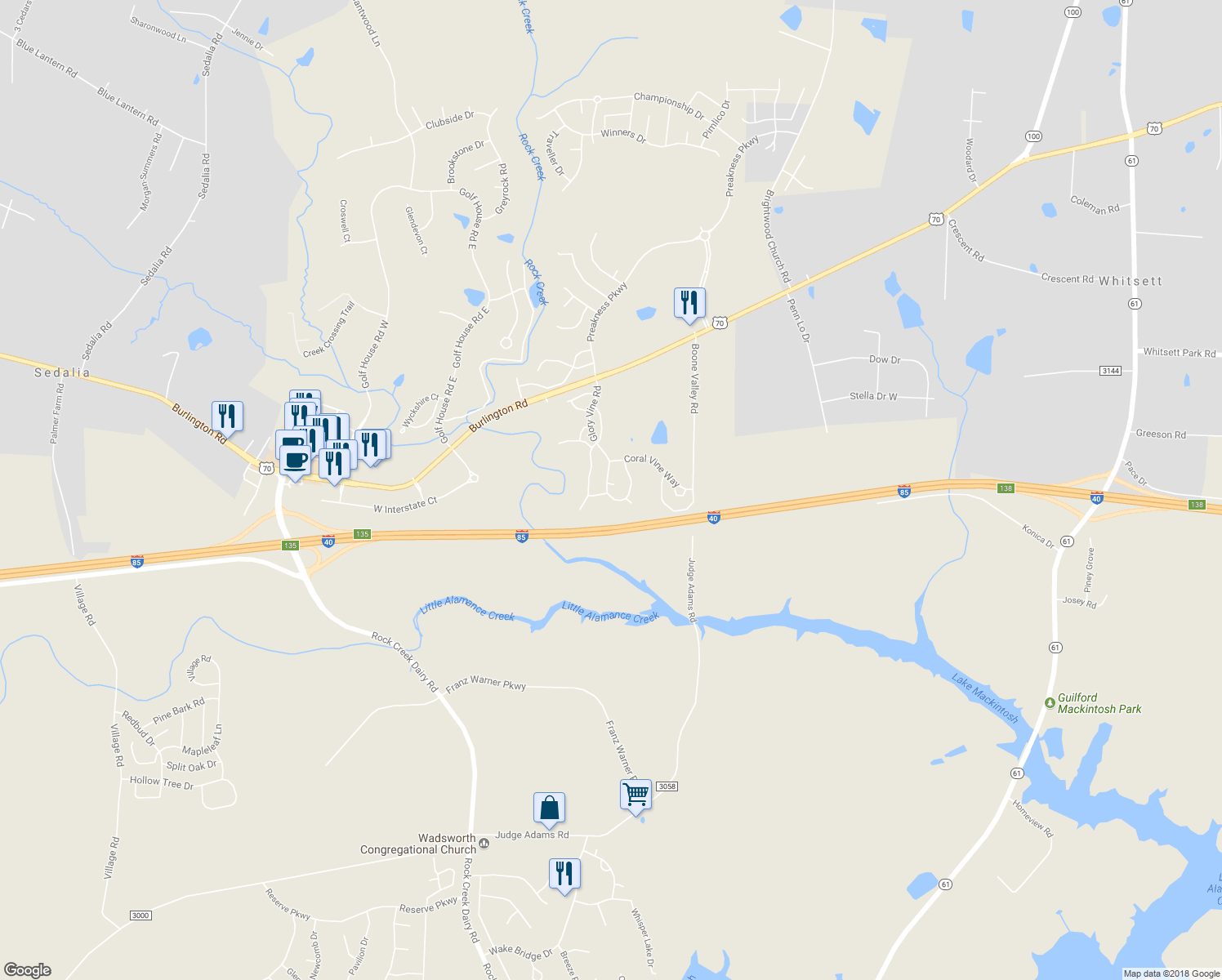 map of restaurants, bars, coffee shops, grocery stores, and more near 1159 Glory Vine Road in Whitsett