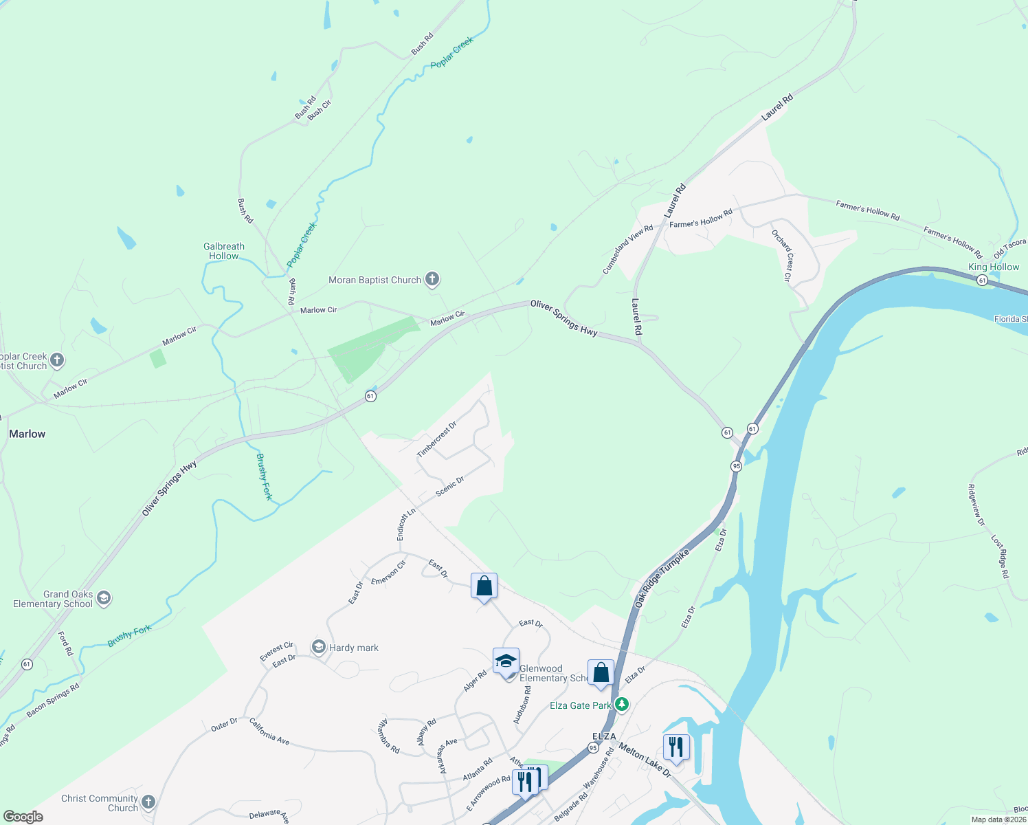 map of restaurants, bars, coffee shops, grocery stores, and more near 91 Timbercrest Drive in Oak Ridge