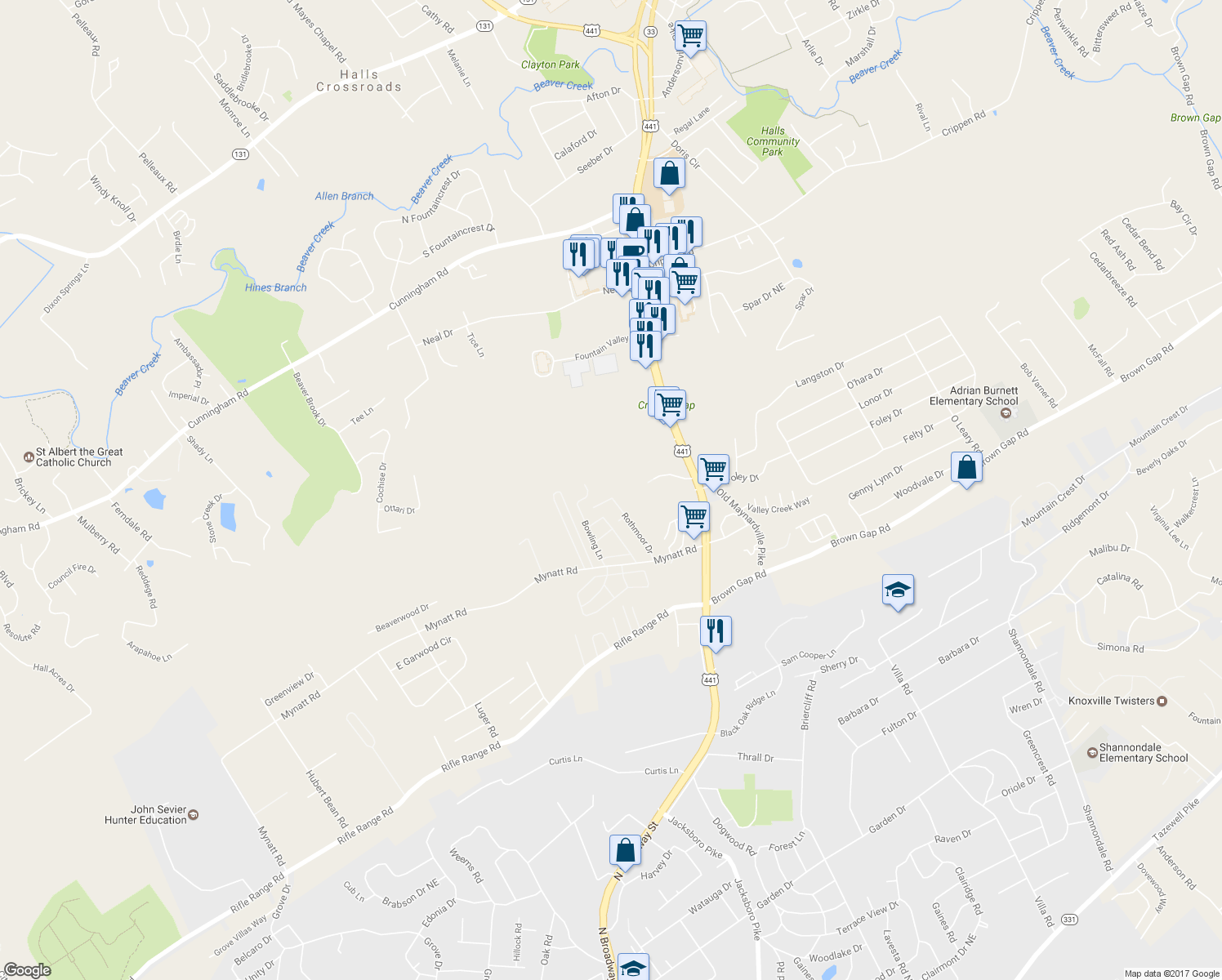 map of restaurants, bars, coffee shops, grocery stores, and more near 3537 Rothmoor Drive in Knoxville