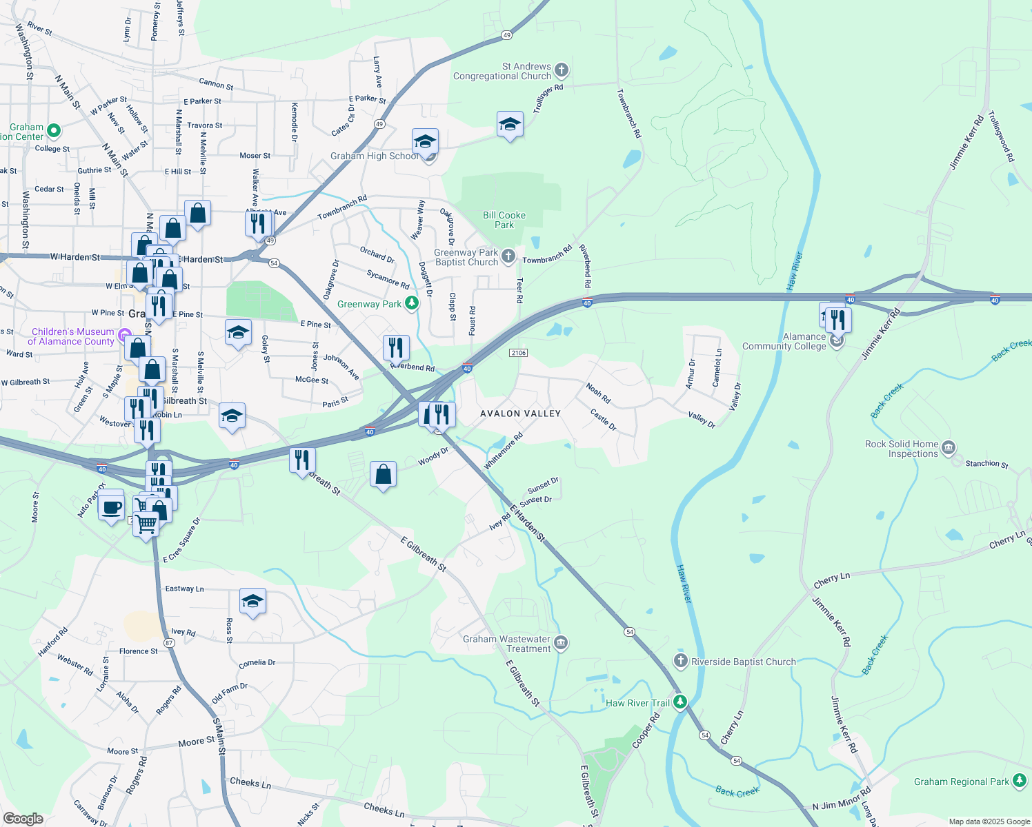 map of restaurants, bars, coffee shops, grocery stores, and more near 998 Whittemore Road in Graham