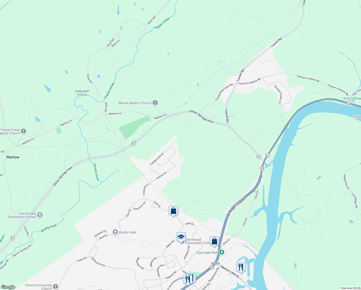 map of restaurants, bars, coffee shops, grocery stores, and more near 91 Timbercrest Drive in Oak Ridge