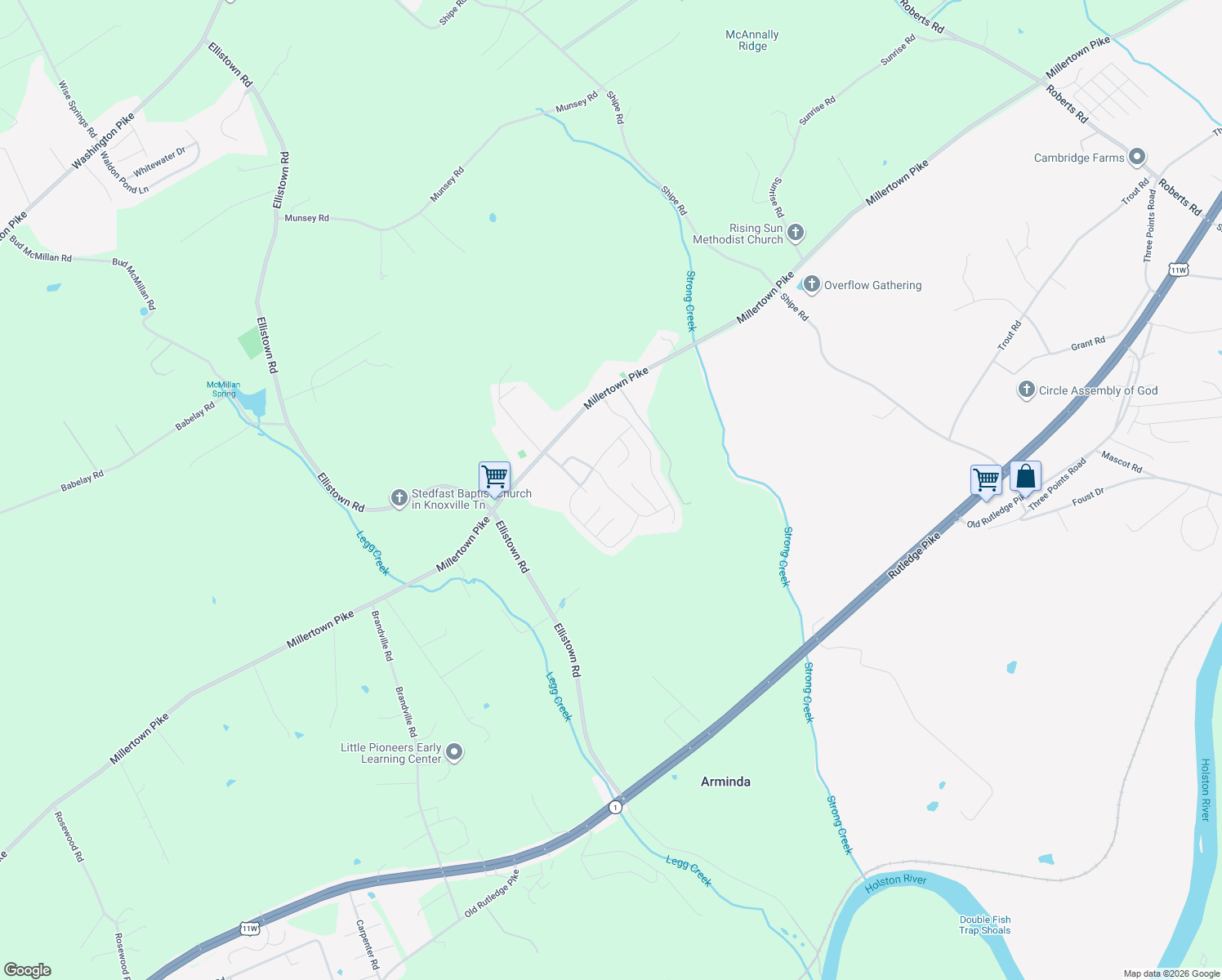 map of restaurants, bars, coffee shops, grocery stores, and more near Palace Green Rd in Knoxville