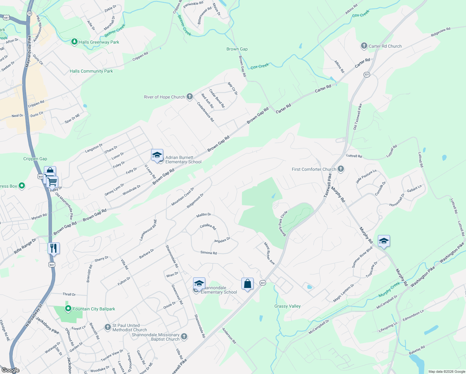 map of restaurants, bars, coffee shops, grocery stores, and more near 5234 McCampbell Hill Lane in Knoxville