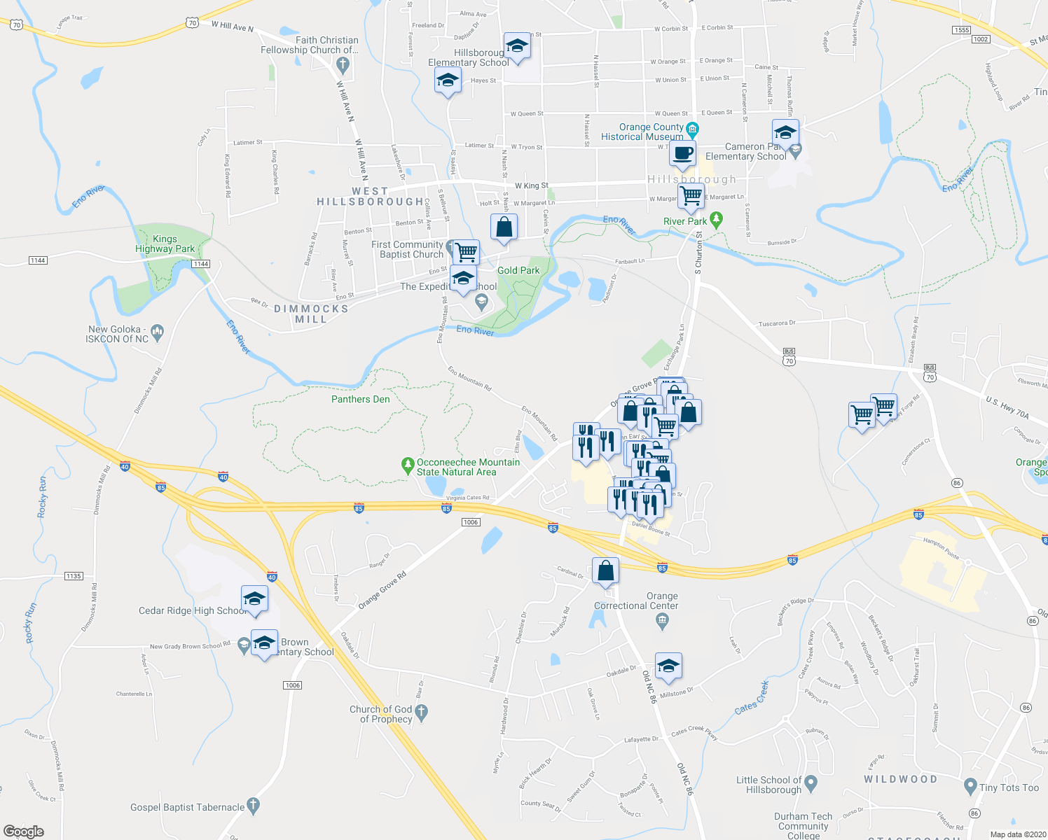 map of restaurants, bars, coffee shops, grocery stores, and more near 306 Elfin Boulevard in Hillsborough