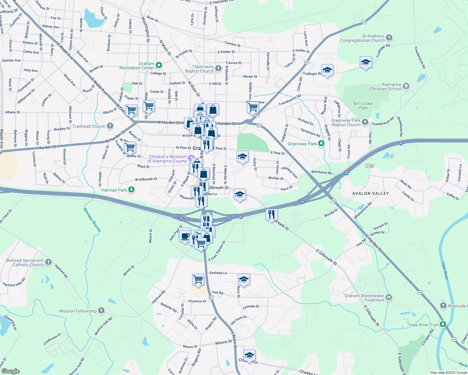 map of restaurants, bars, coffee shops, grocery stores, and more near 314 East Gilbreath Street in Graham