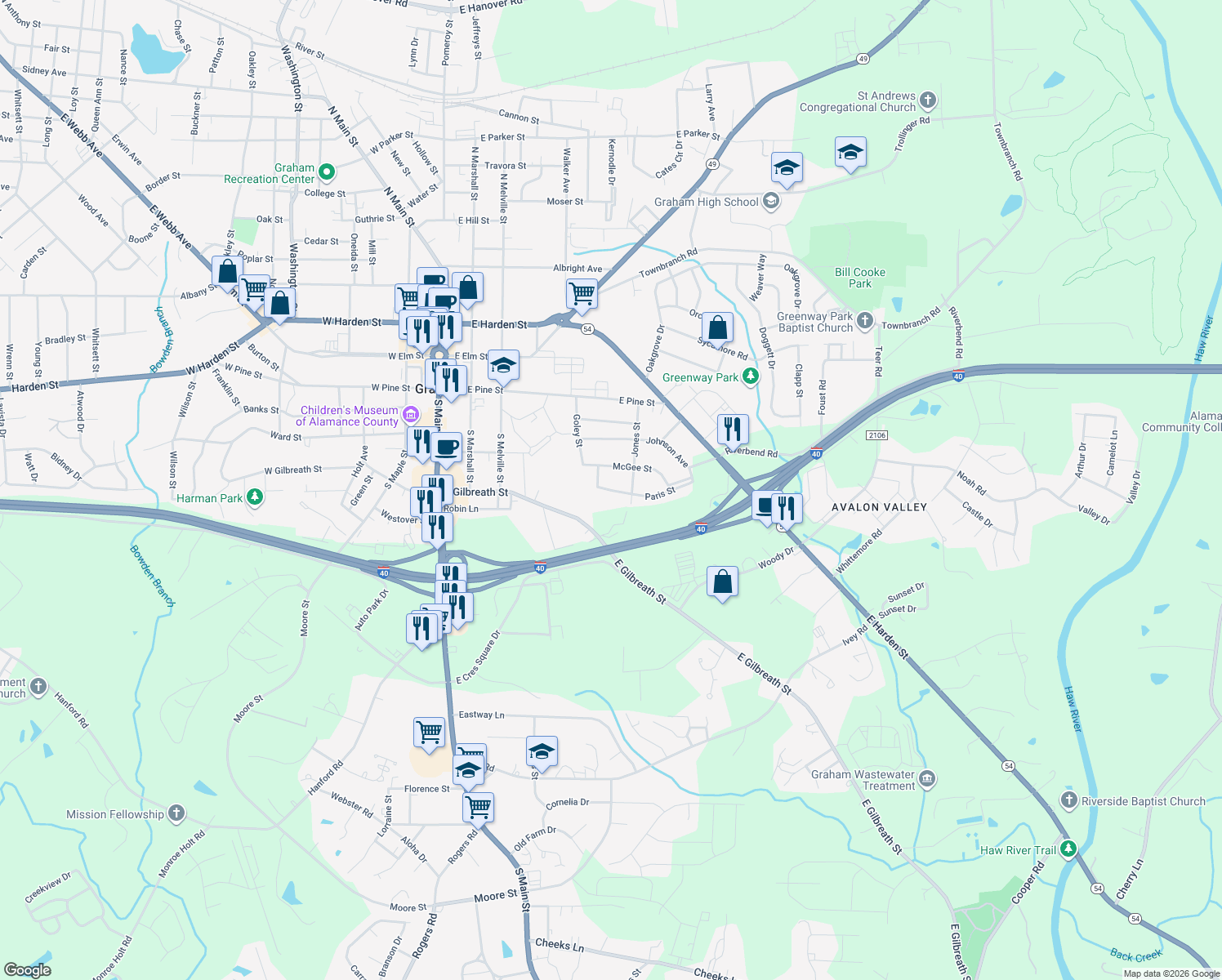 map of restaurants, bars, coffee shops, grocery stores, and more near 598 Park Dr in Graham