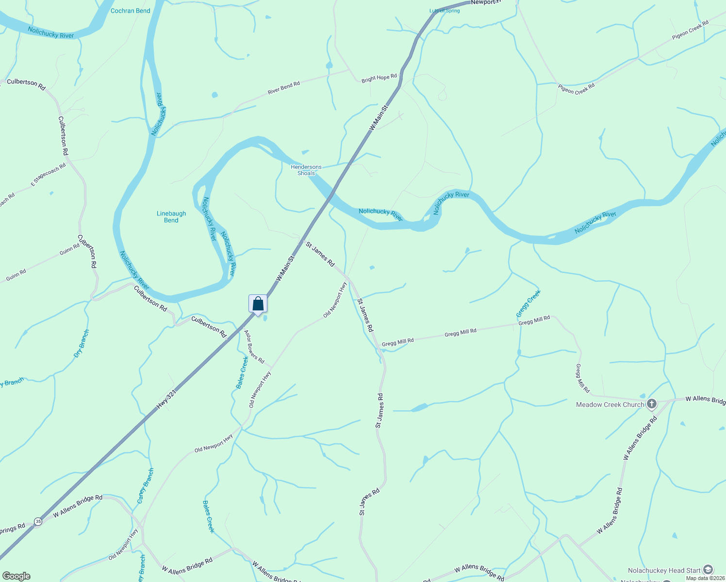 map of restaurants, bars, coffee shops, grocery stores, and more near 460 Saint James Road in Greeneville