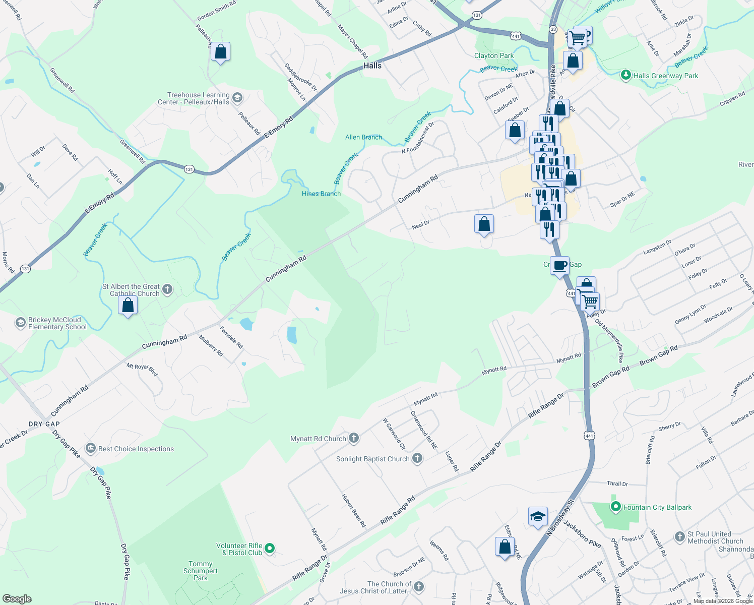 map of restaurants, bars, coffee shops, grocery stores, and more near 6801 Cochise Drive in Knoxville