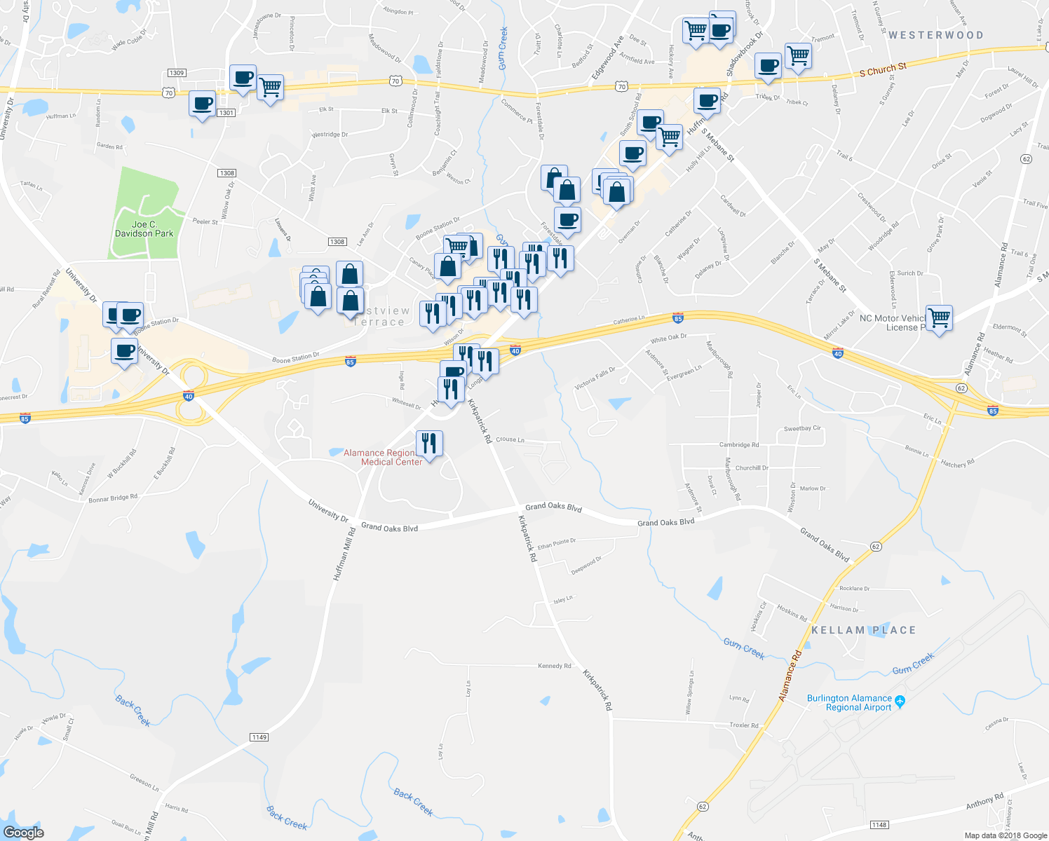 map of restaurants, bars, coffee shops, grocery stores, and more near 2949 Crouse Lane in Burlington