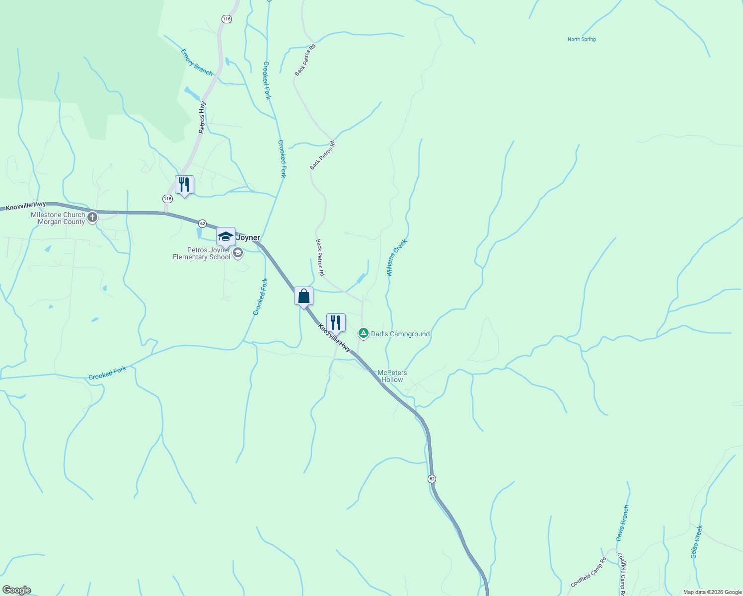 map of restaurants, bars, coffee shops, grocery stores, and more near 101 Anzel Lowe Road in Oliver Springs