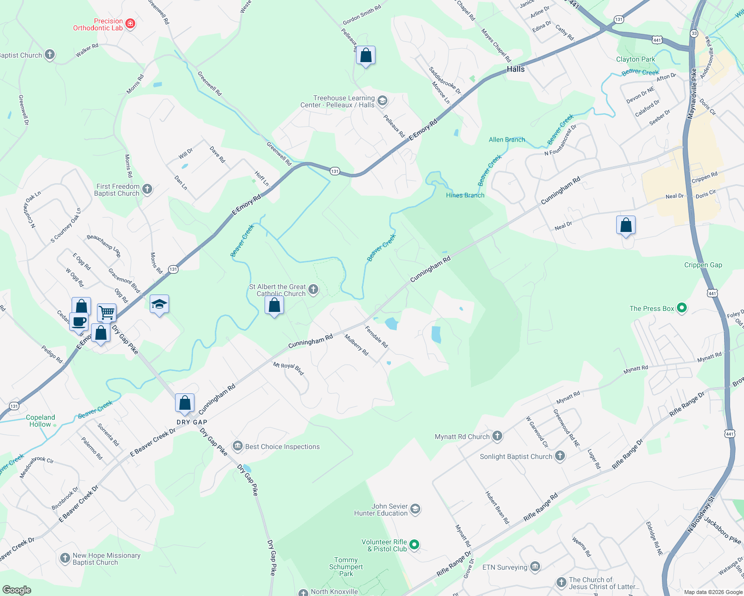 map of restaurants, bars, coffee shops, grocery stores, and more near 2523 Cunningham Road in Knoxville