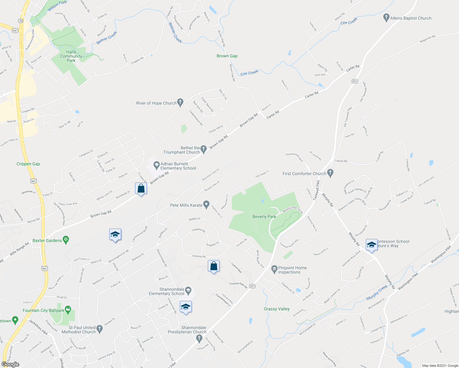 map of restaurants, bars, coffee shops, grocery stores, and more near 5213 Sweet Kathleen Lane in Knoxville