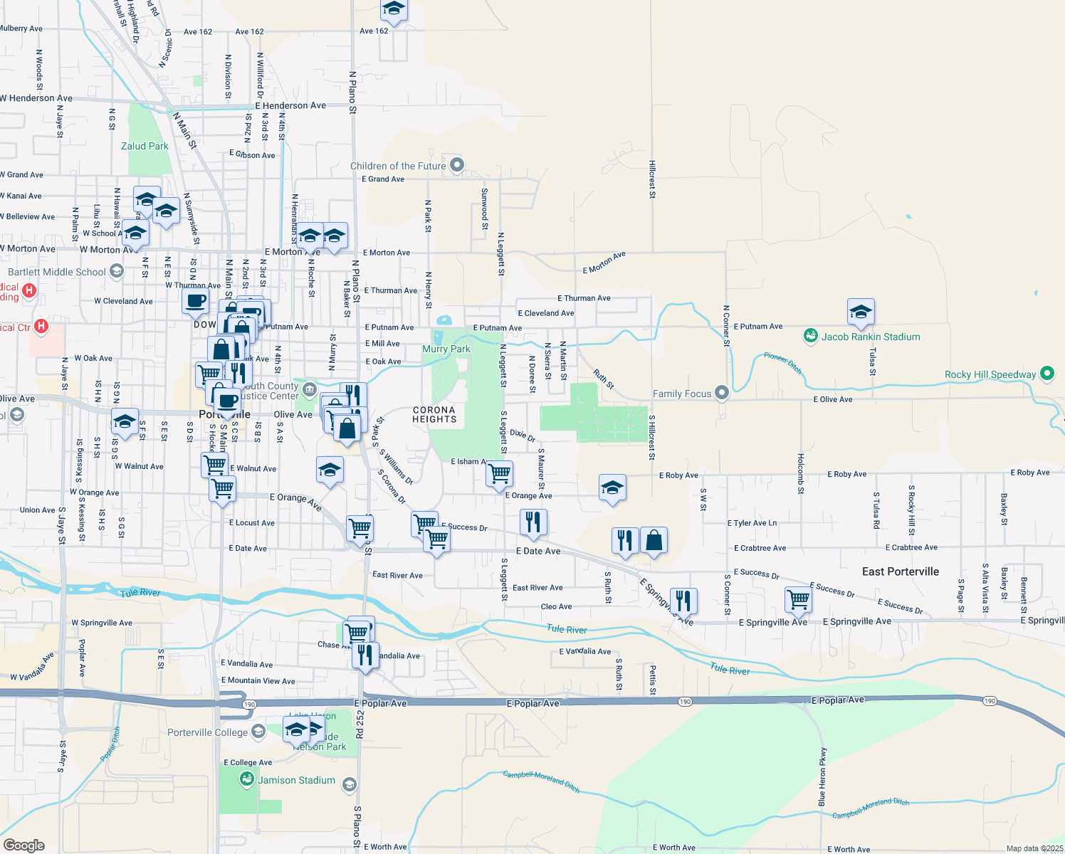 map of restaurants, bars, coffee shops, grocery stores, and more near 66 S Doree St in Porterville