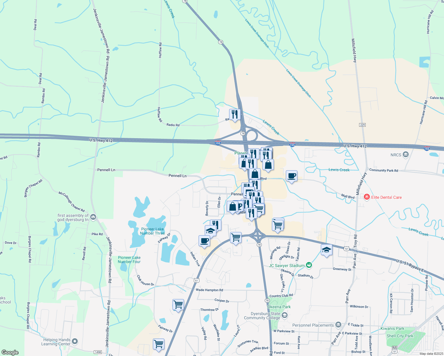map of restaurants, bars, coffee shops, grocery stores, and more near 828 Northview Cove in Dyersburg