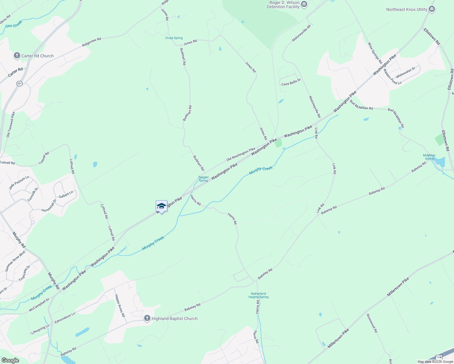 map of restaurants, bars, coffee shops, grocery stores, and more near 6414 Washington Pike in Knoxville