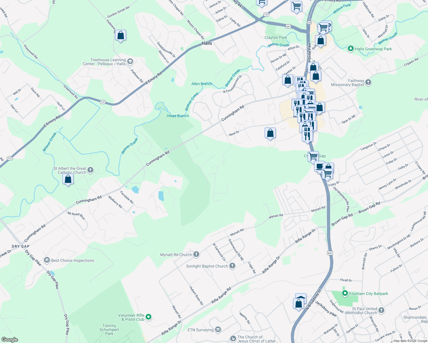 map of restaurants, bars, coffee shops, grocery stores, and more near 6801 Cochise Drive in Knoxville