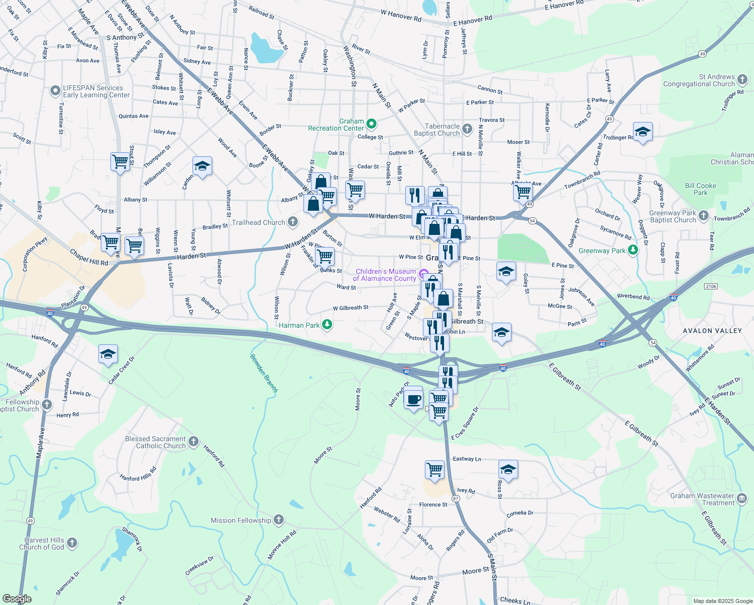 map of restaurants, bars, coffee shops, grocery stores, and more near 313 West Gilbreath Street in Graham