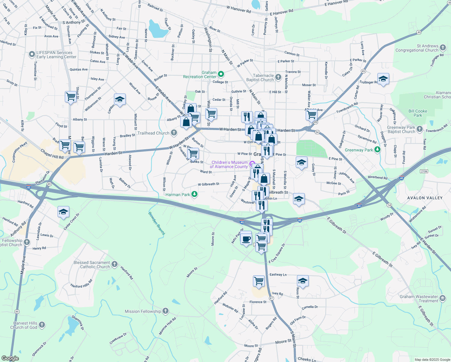 map of restaurants, bars, coffee shops, grocery stores, and more near 311 West Gilbreath Street in Graham