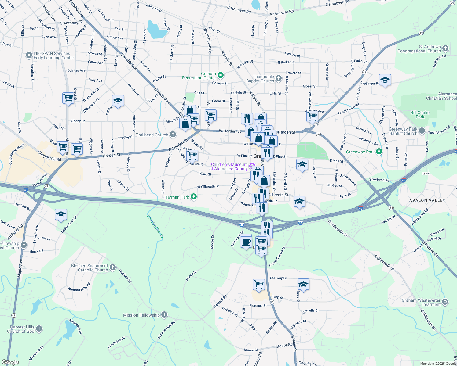 map of restaurants, bars, coffee shops, grocery stores, and more near 305 West Gilbreath Street in Graham