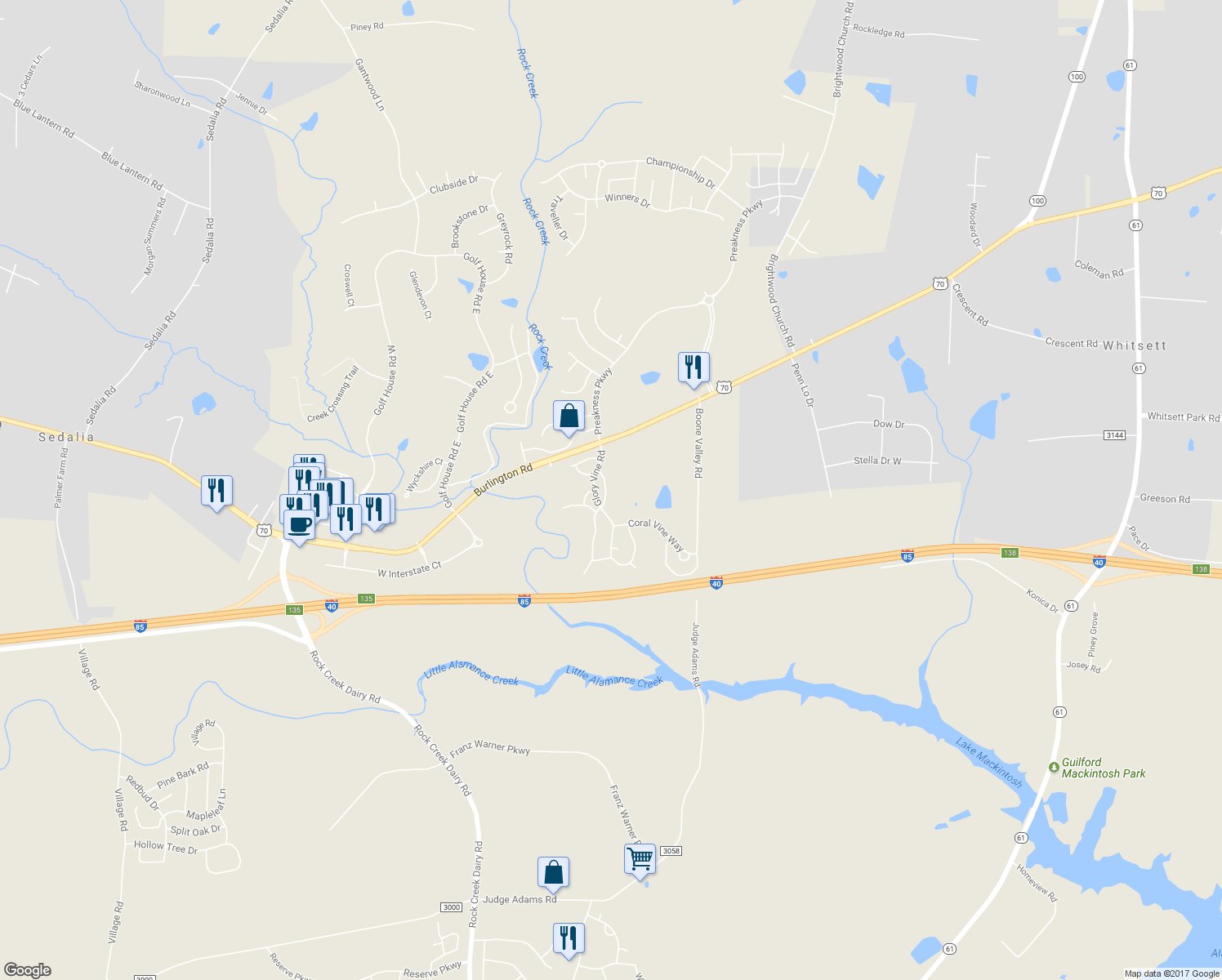 map of restaurants, bars, coffee shops, grocery stores, and more near 1027 Oak Blossom Way in Whitsett