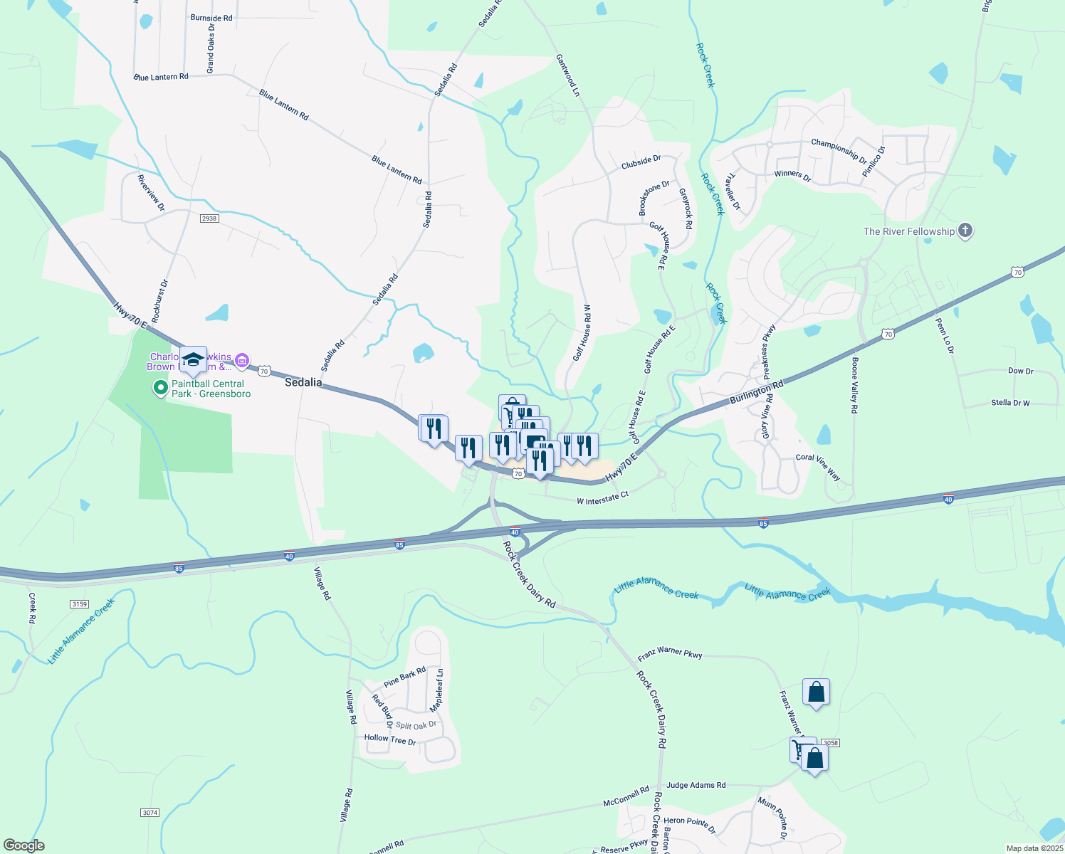 map of restaurants, bars, coffee shops, grocery stores, and more near 6407 Bellcross Trail in Whitsett