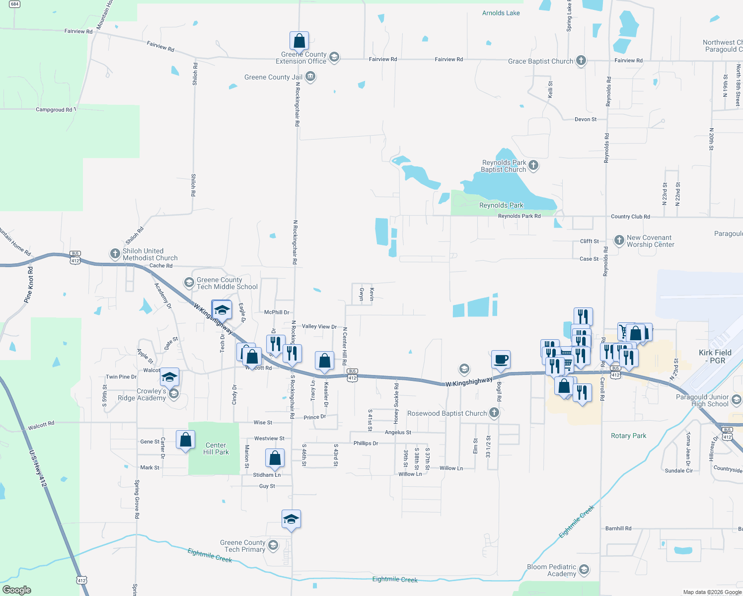 map of restaurants, bars, coffee shops, grocery stores, and more near 610 Kevin in Paragould