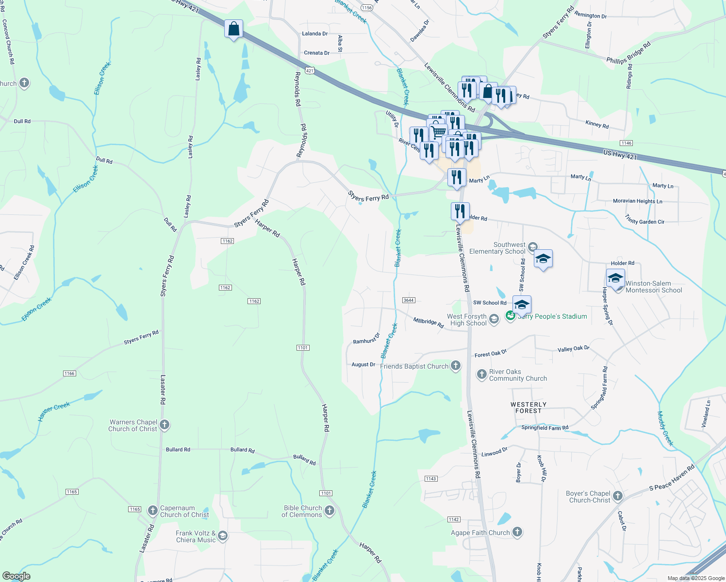 map of restaurants, bars, coffee shops, grocery stores, and more near 1715 Brandywine Drive in Clemmons