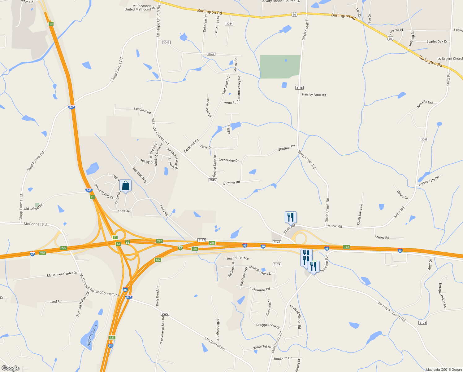 map of restaurants, bars, coffee shops, grocery stores, and more near 5208 Shoffner Road in McLeansville
