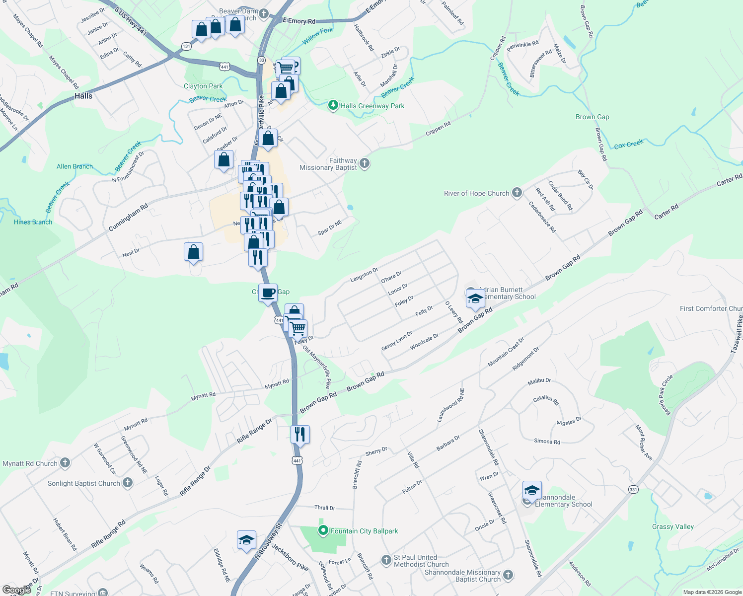 map of restaurants, bars, coffee shops, grocery stores, and more near 4229 Lonor Dr in Knoxville