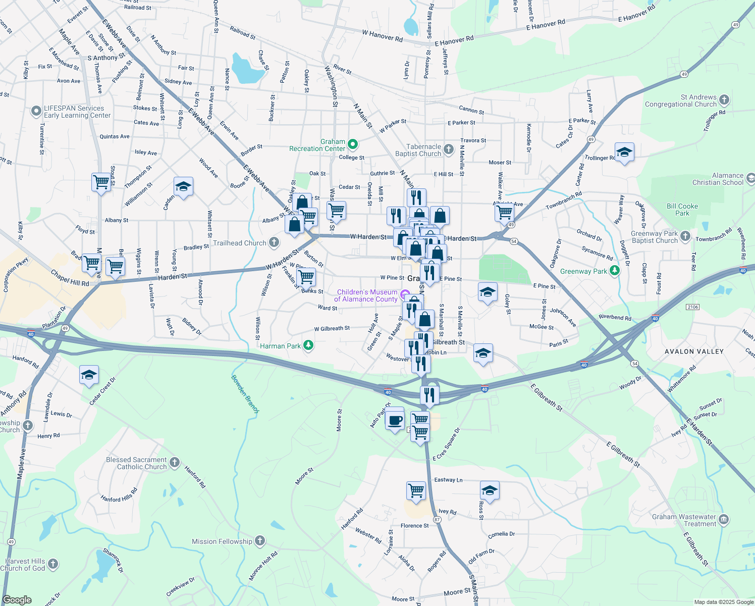 map of restaurants, bars, coffee shops, grocery stores, and more near 223 Ward Street in Graham