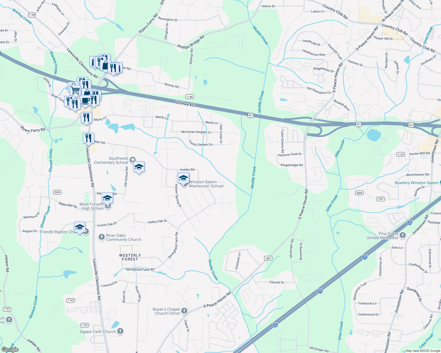 map of restaurants, bars, coffee shops, grocery stores, and more near 5971 Holder Road in Clemmons