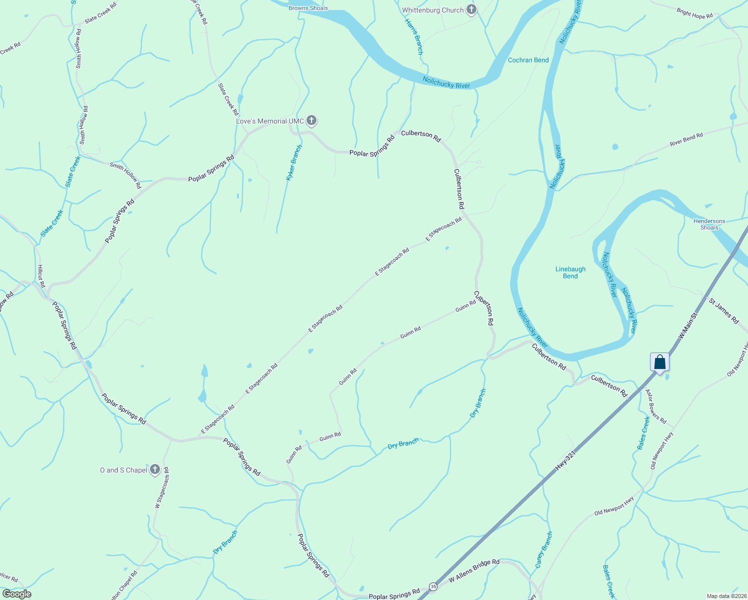 map of restaurants, bars, coffee shops, grocery stores, and more near 575 East Stage Coach Road in Greeneville