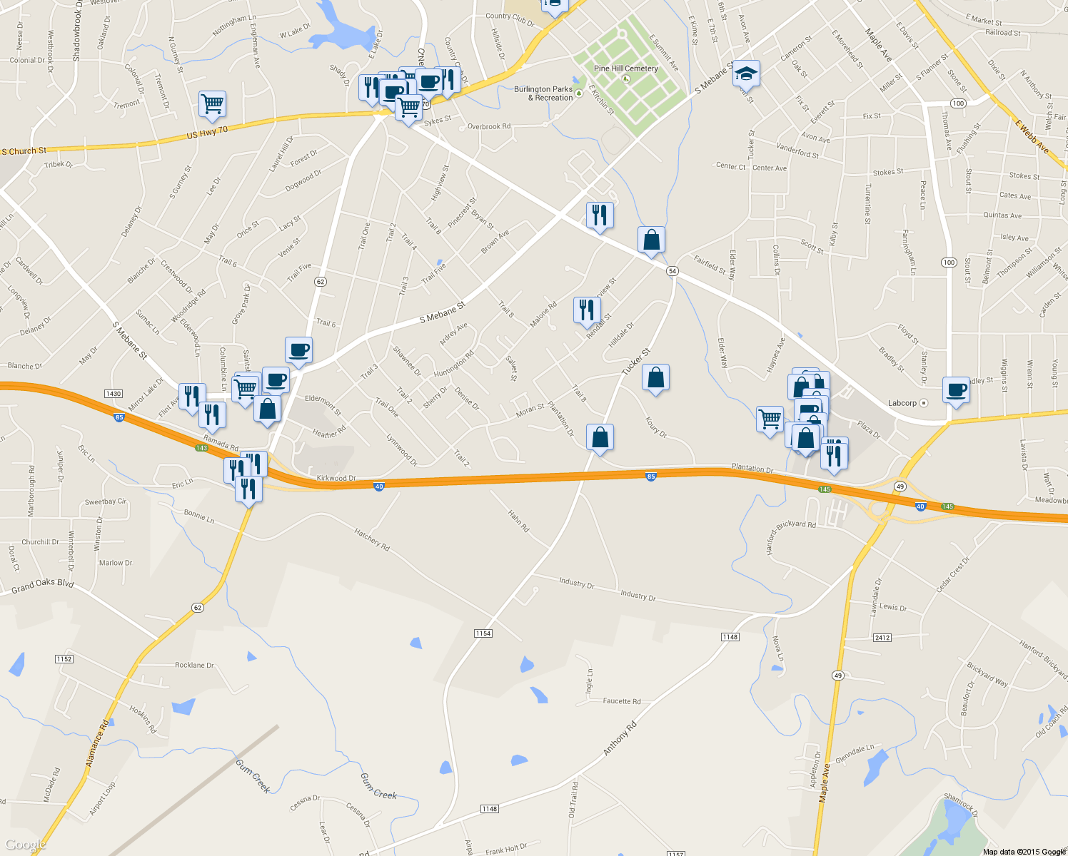 map of restaurants, bars, coffee shops, grocery stores, and more near 2404 Ashton Park Lane in Burlington