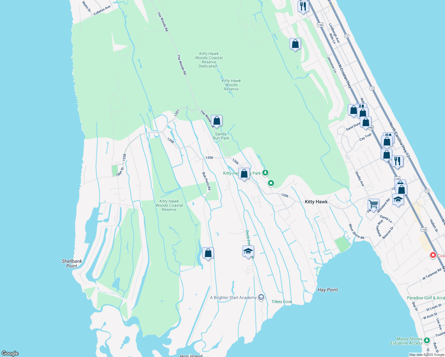 map of restaurants, bars, coffee shops, grocery stores, and more near 4216 Poor Ridge Road in Kitty Hawk