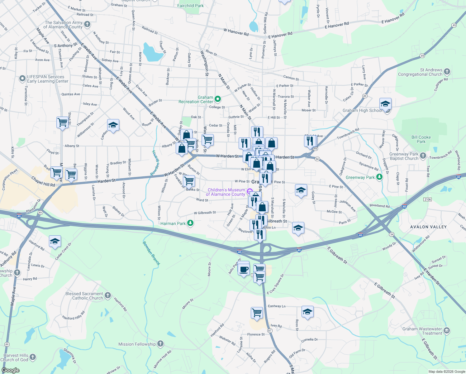 map of restaurants, bars, coffee shops, grocery stores, and more near 223 Banks Street in Graham