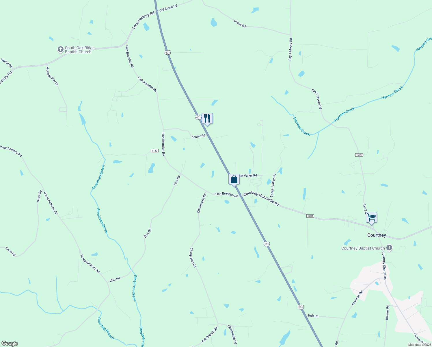 map of restaurants, bars, coffee shops, grocery stores, and more near 1625 U.S. 601 in Yadkinville