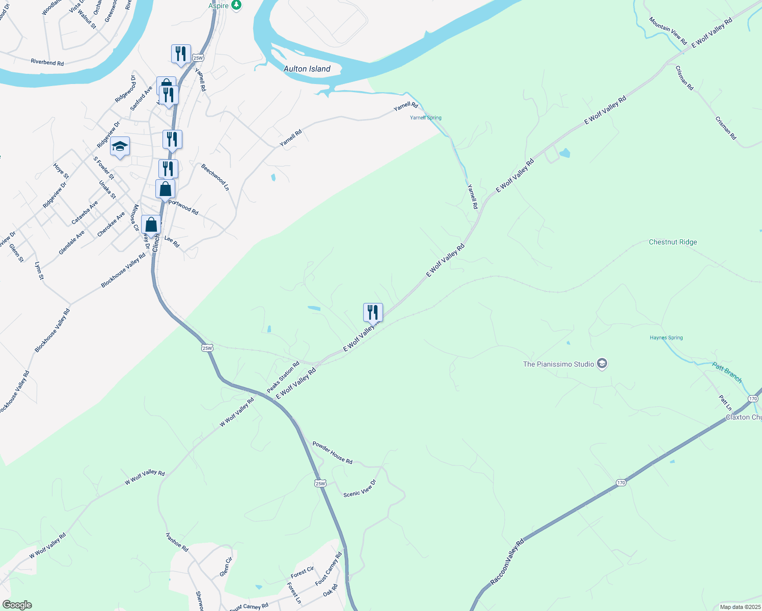 map of restaurants, bars, coffee shops, grocery stores, and more near 2344 East Wolf Valley Road in Clinton