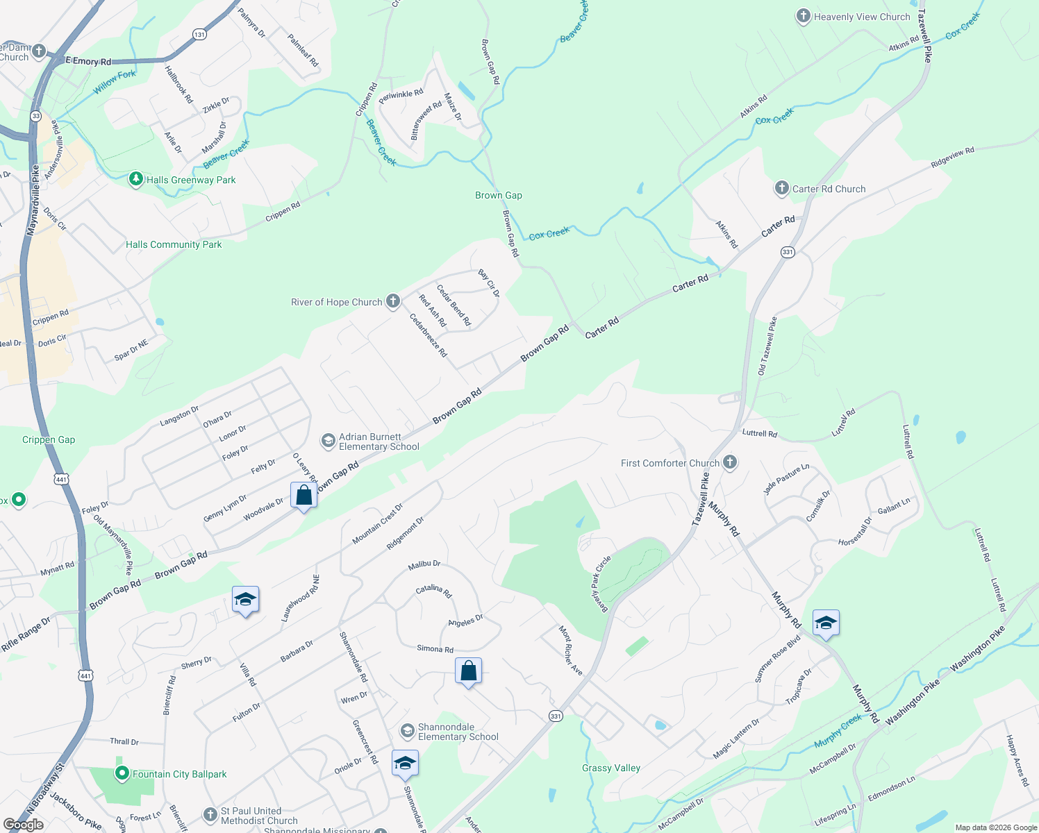 map of restaurants, bars, coffee shops, grocery stores, and more near 5277 Mountain Crest Drive in Knoxville