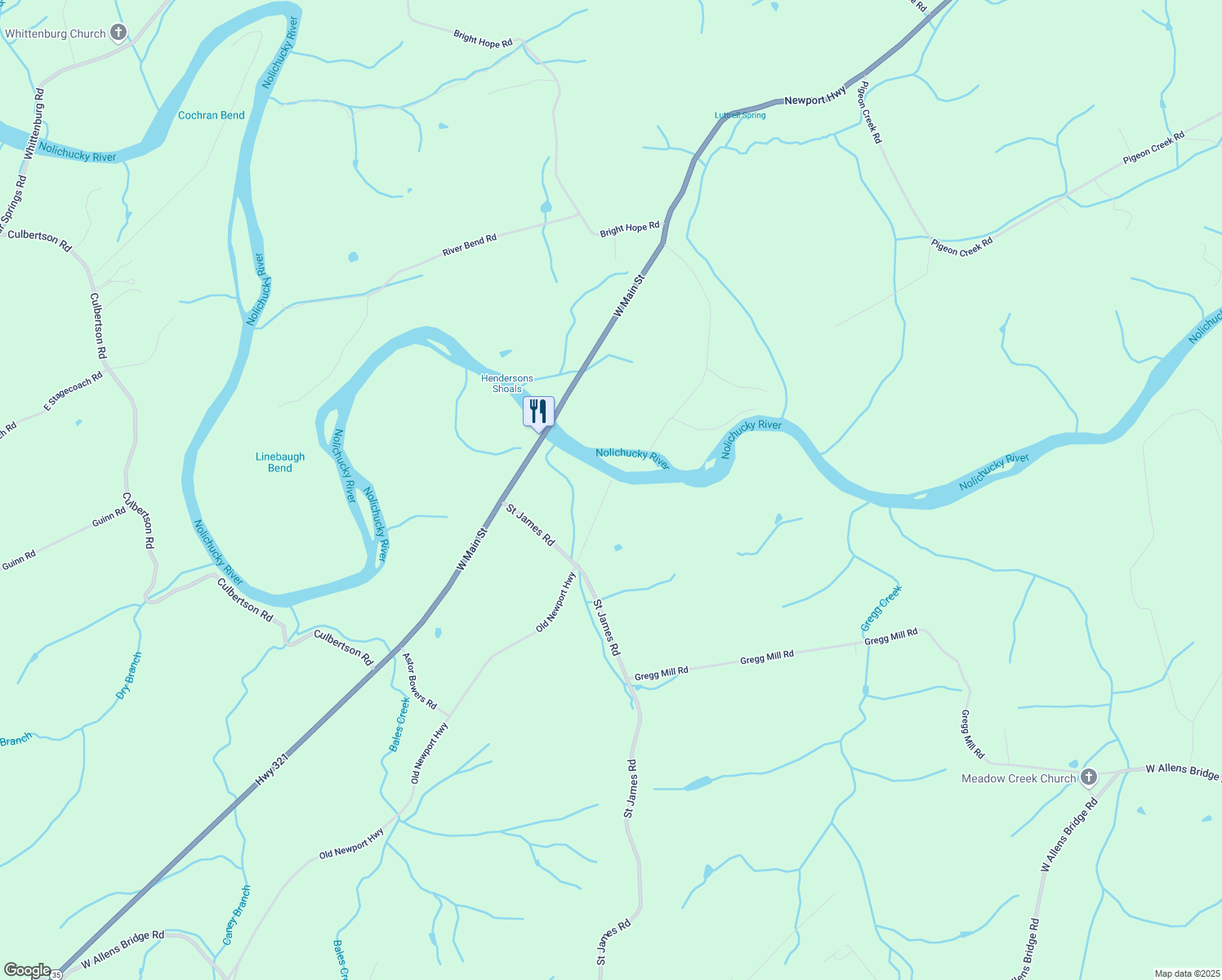 map of restaurants, bars, coffee shops, grocery stores, and more near 230 Memory Lane in Greeneville
