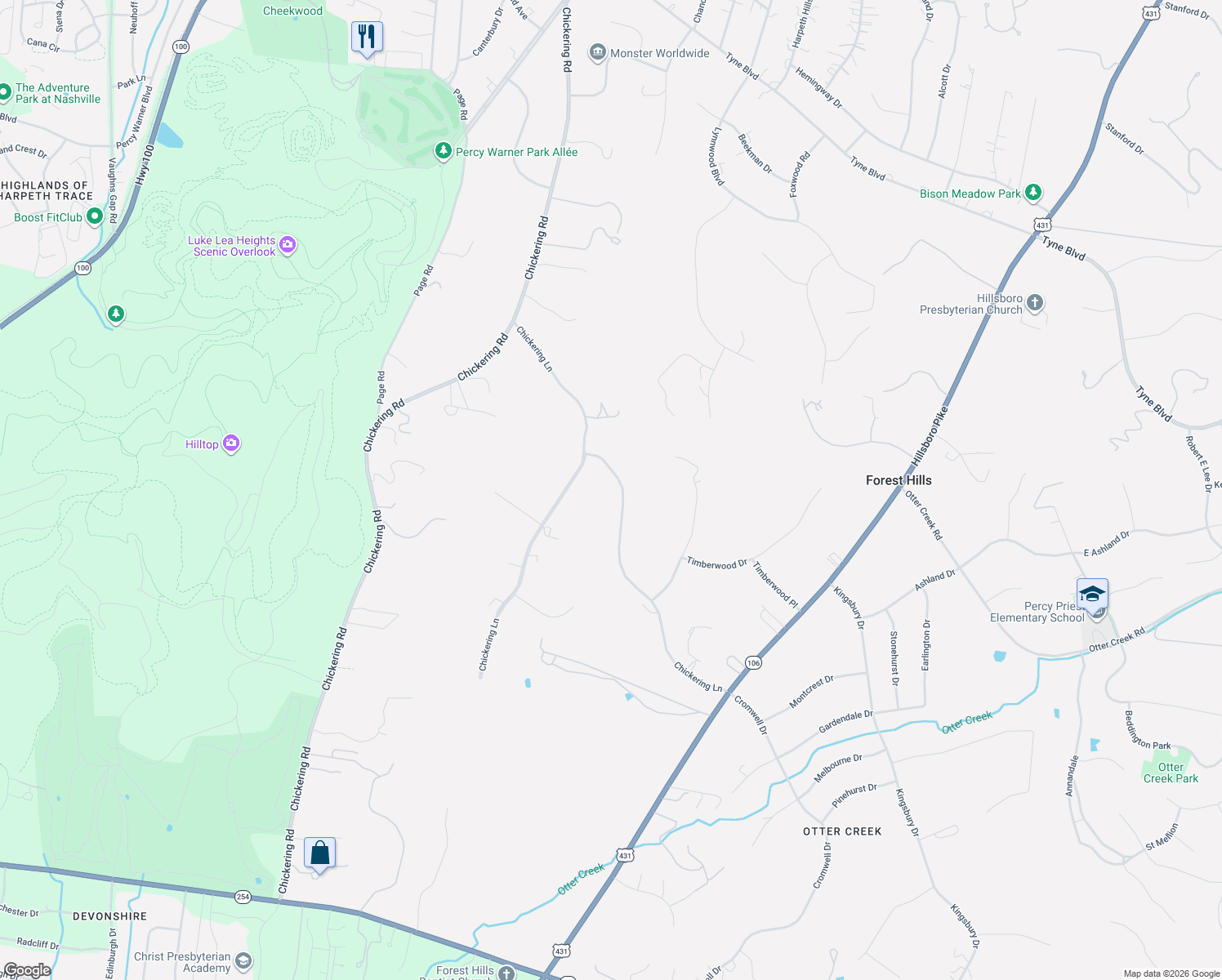map of restaurants, bars, coffee shops, grocery stores, and more near 2301 Chickering Lane in Nashville