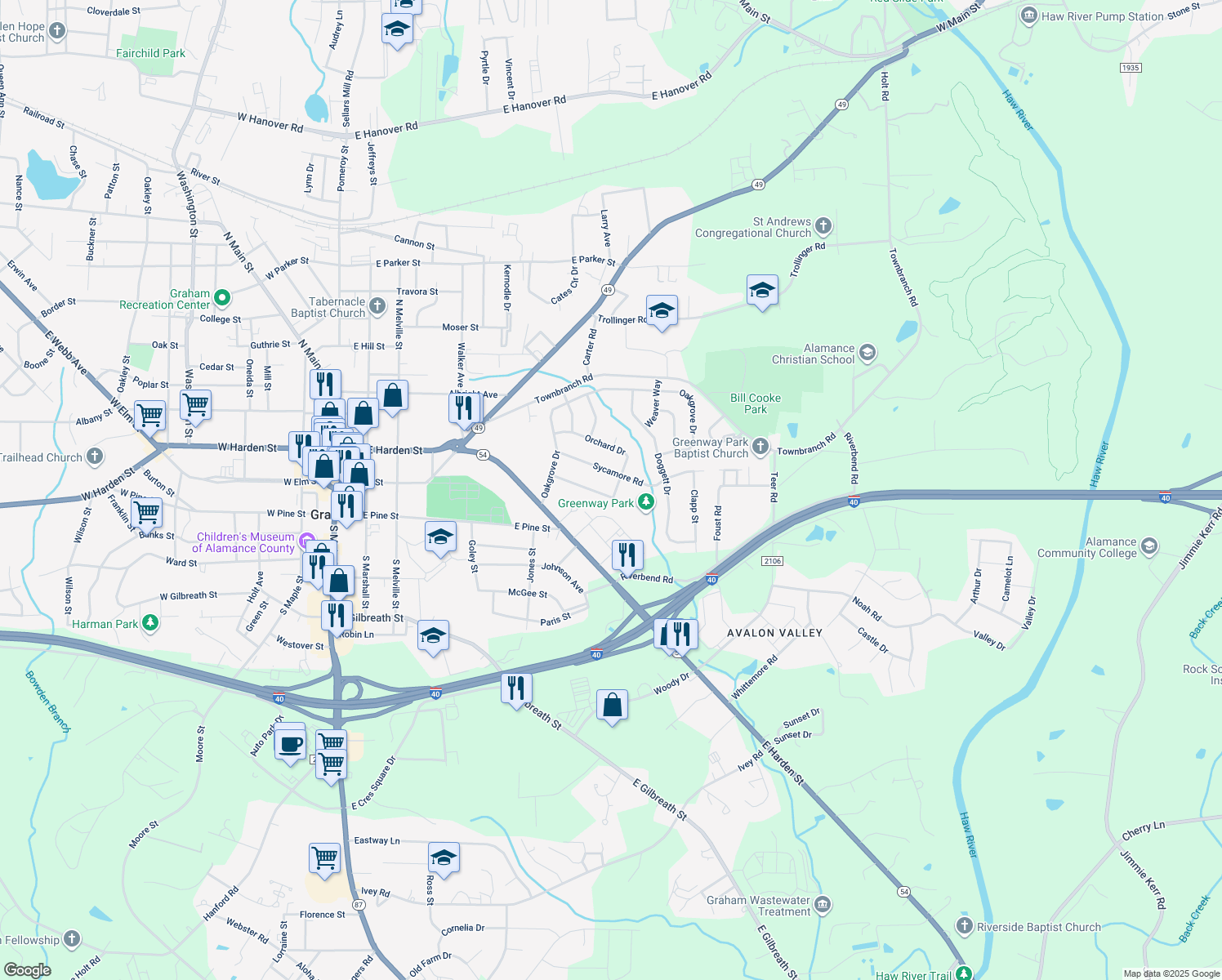map of restaurants, bars, coffee shops, grocery stores, and more near 718 Brookgreen Terrace in Graham
