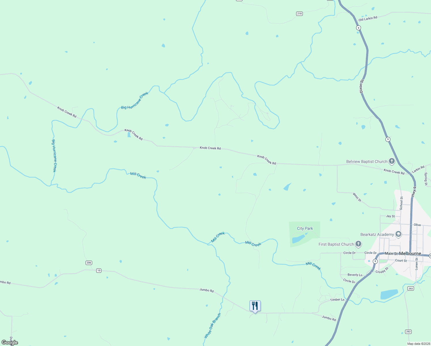 map of restaurants, bars, coffee shops, grocery stores, and more near 1610 Knob Creek Road in Melbourne