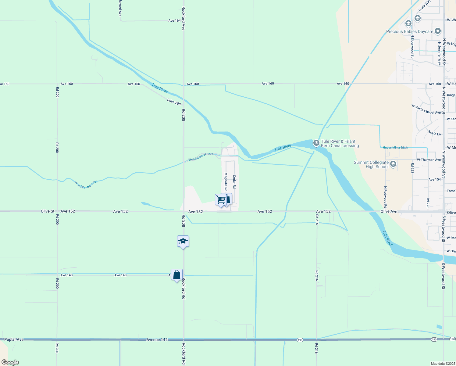 map of restaurants, bars, coffee shops, grocery stores, and more near 15382 Magnolia Rd in Porterville