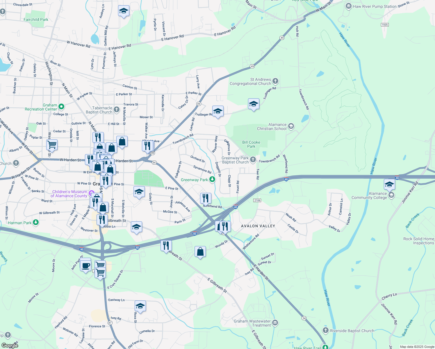 map of restaurants, bars, coffee shops, grocery stores, and more near 332 Doggett Dr in Graham