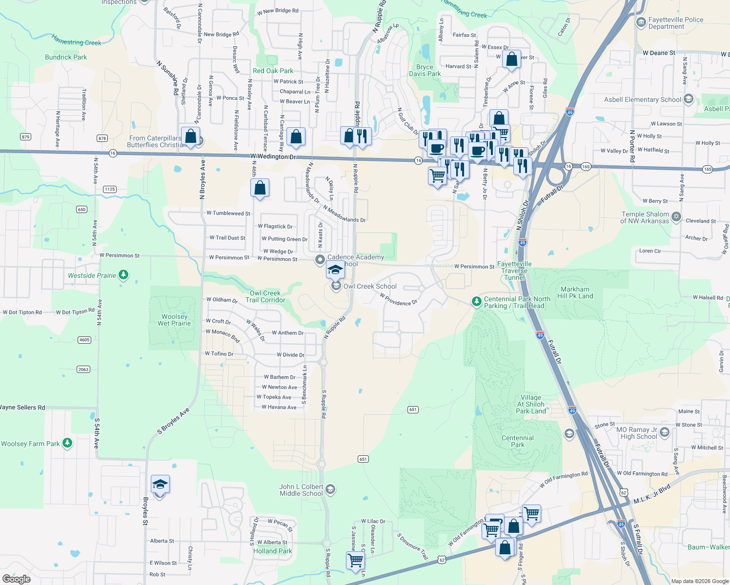 map of restaurants, bars, coffee shops, grocery stores, and more near 3949 West Mountain View Drive in Fayetteville