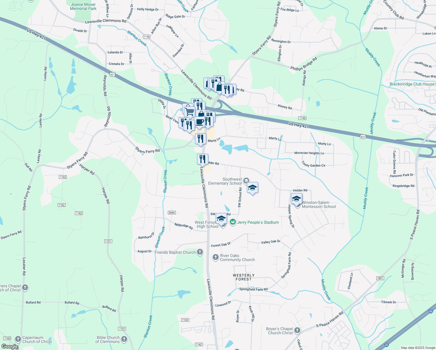 map of restaurants, bars, coffee shops, grocery stores, and more near 6600 Holder Road in Clemmons